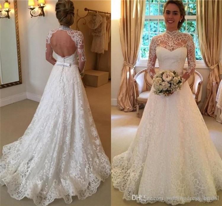 Discount 2019 Elegant Lace Wedding Dresses High Neck Long Sleeves Appliques  Illusion Backless Vintage Wedding Gowns Cheap Robe De Mariage Plus Size A  Line