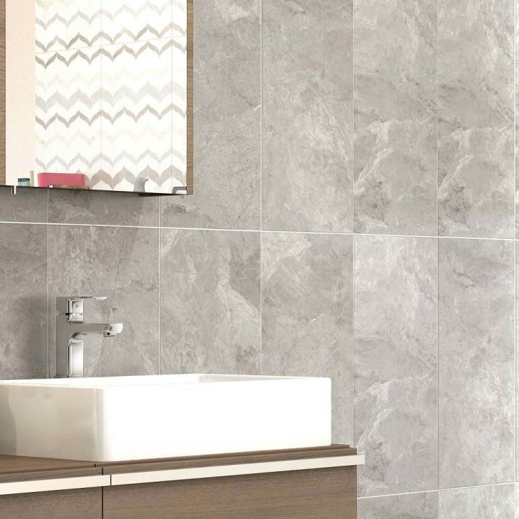 dark grey floor tiles, large wall mirror, two white sinks, inbuilt bath  with Bathrooms Without Tiles – 50 Alternative Design Ideas
