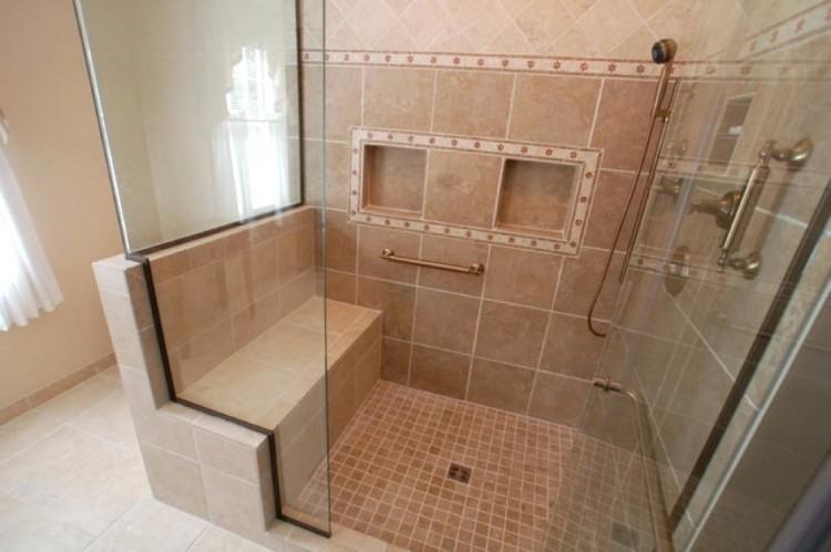 Archaic Design Ideas using Cream Tile Backsplash and Rectangular White  Bathtubs also with Triangle Cream Bench