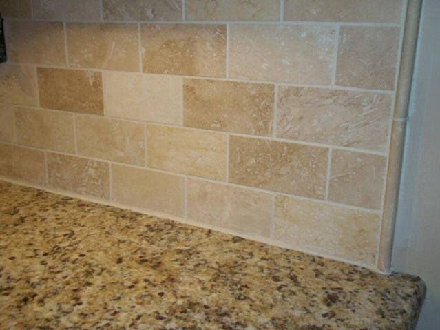 Simple Traditional Kitchen Design with Laminate Butcher Block Countertops,  Beige Travertine Tile Backsplash