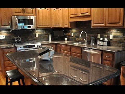 Astounding Design Ideas using Black Granite Countertops and U Shaped  Brown Wooden Cabinets also with Brown