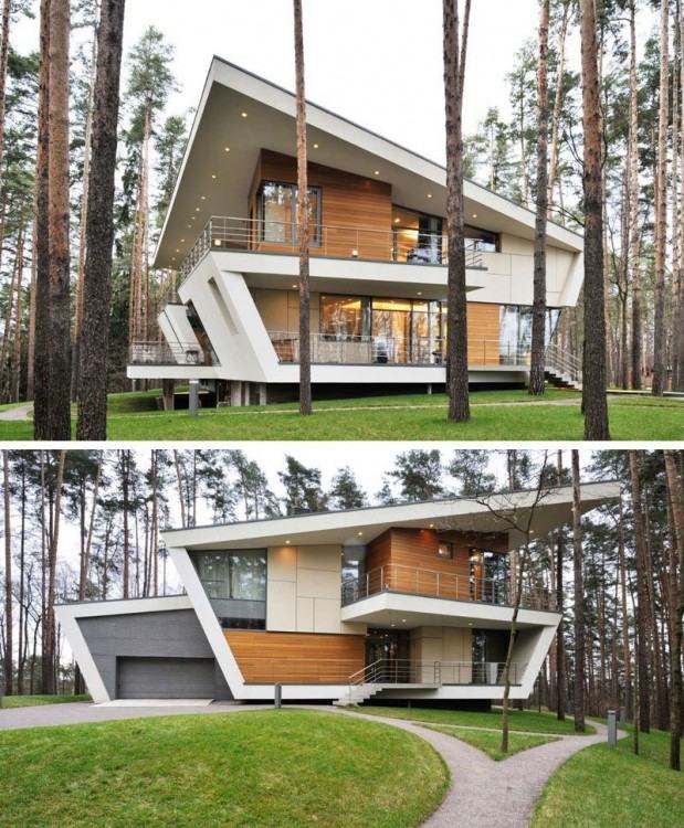 16 Examples Of Modern Houses With A Sloped Roof | Sloped roofs on this modern  house match the rest of the lines used on the exterior to create a  futuristic