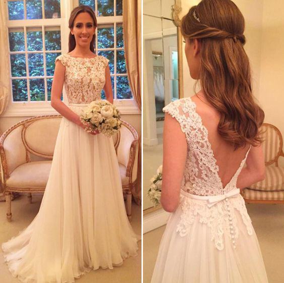 H1376  Simple Chiffon Boho Open Back Lace Wedding Dress