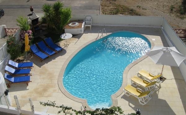 Large kidney shaped pool on the edge of a cliff overlooking the forest