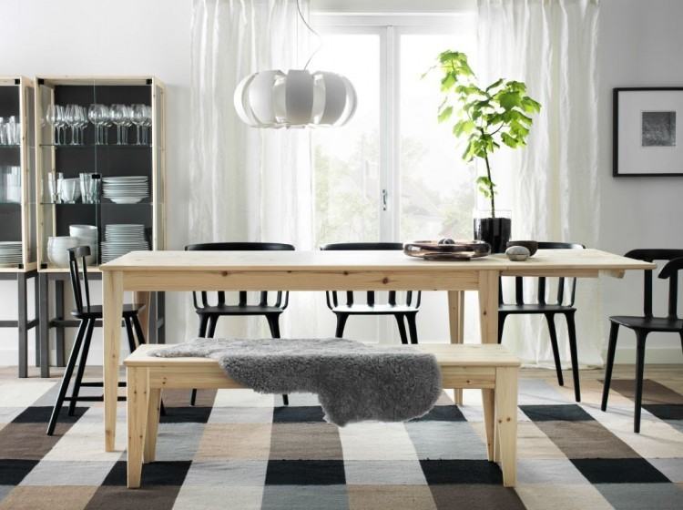 solid wood stripes Lacquered brown dining table furniture design walnut  material dark brown leather bench and chairs on contemporary broken white  fur rug,