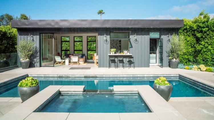 Gorgeous pool house also provides sheltered outdoor lounge and  additional space [Design: Crisp Architects